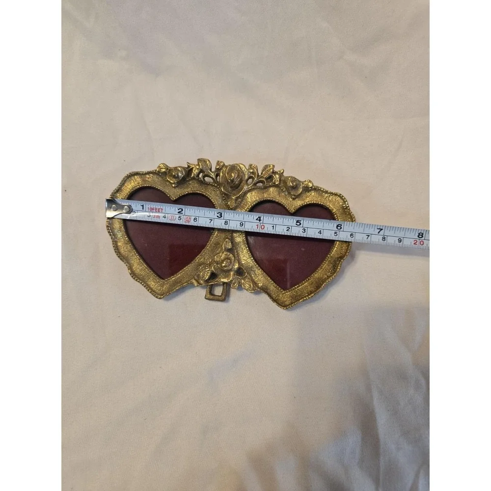 Solid Brass Ornate Double Heart Picture Frame With Roses Decorative Decor